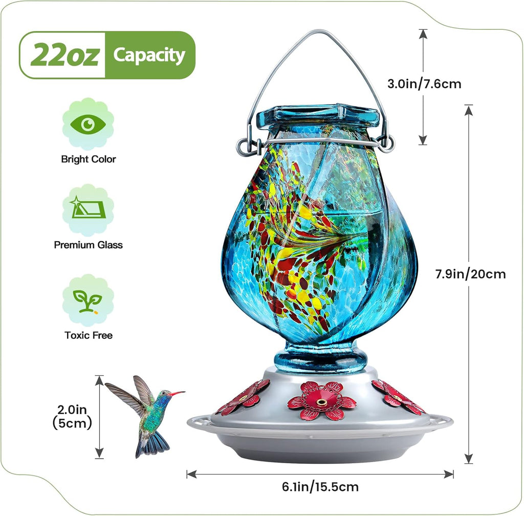 BOLITE Hummingbird Feeder - Hand Blown Glass Design with 5 Bee-Proof Ports | 22oz, Blue, Perfect Outdoor Gift