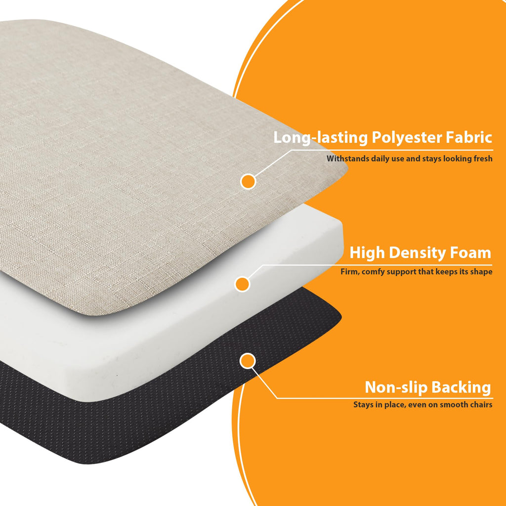 Ruqmuis Chair Cushions for Dining Chairs, 2" Thick Seat Cushions for Kitchen Chairs, D-Shaped Chair Pads with Washable Cover, Ties and Non Slip Backing, 17'' x 16'', Set of 6, Beige