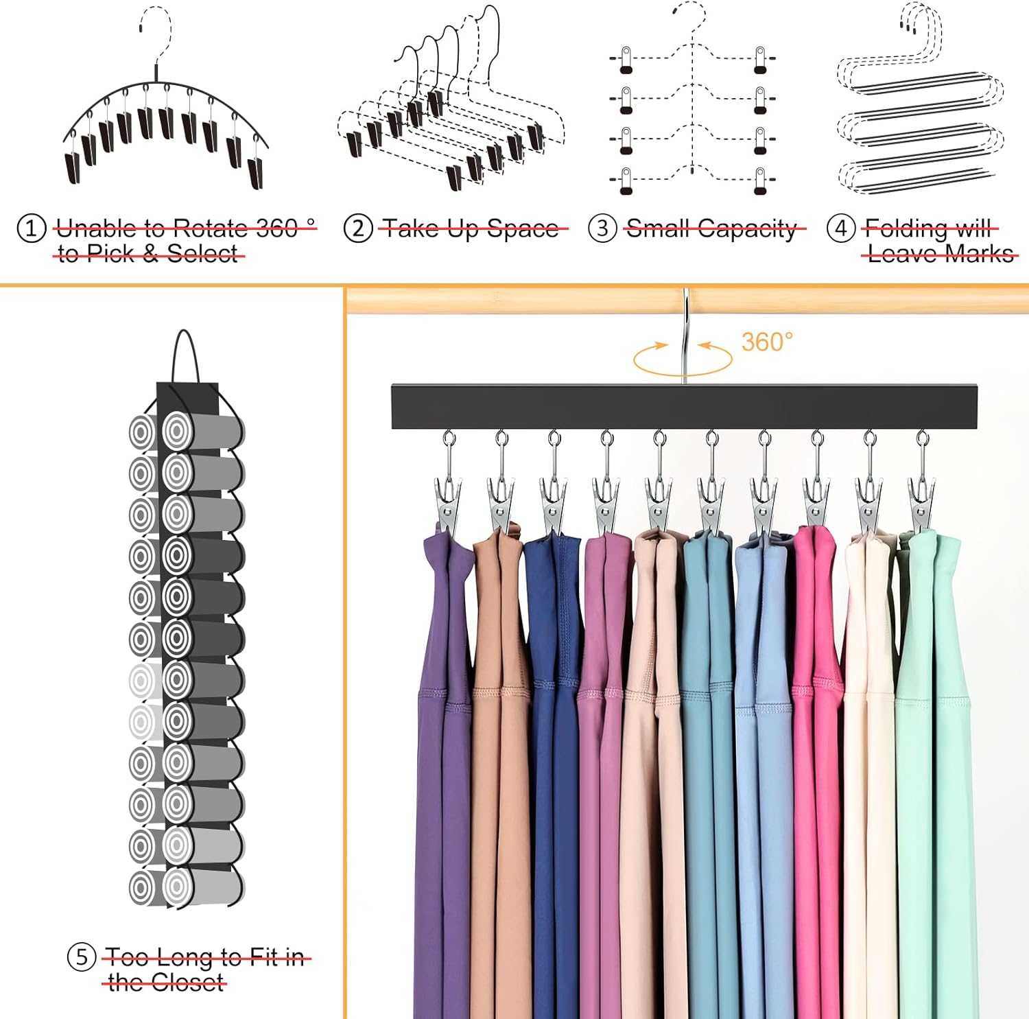 Skiennix Legging Organizer - 360° Rotating Closet Hangers for 20 Leggings, Jeans, and More | 2-Pack
