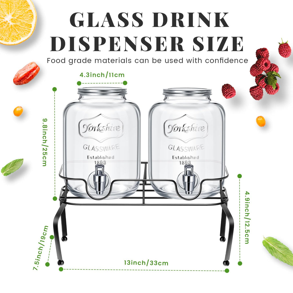 FillTouch Glass Drink Dispenser for Party Set of 2-1 Gallon, 2 Pcs Ice Chilled Condiment Caddy with Lid and Spoon Halloween Drink Dispenser with Stand and Spigot for Summer Wedding Party Bar Supplies