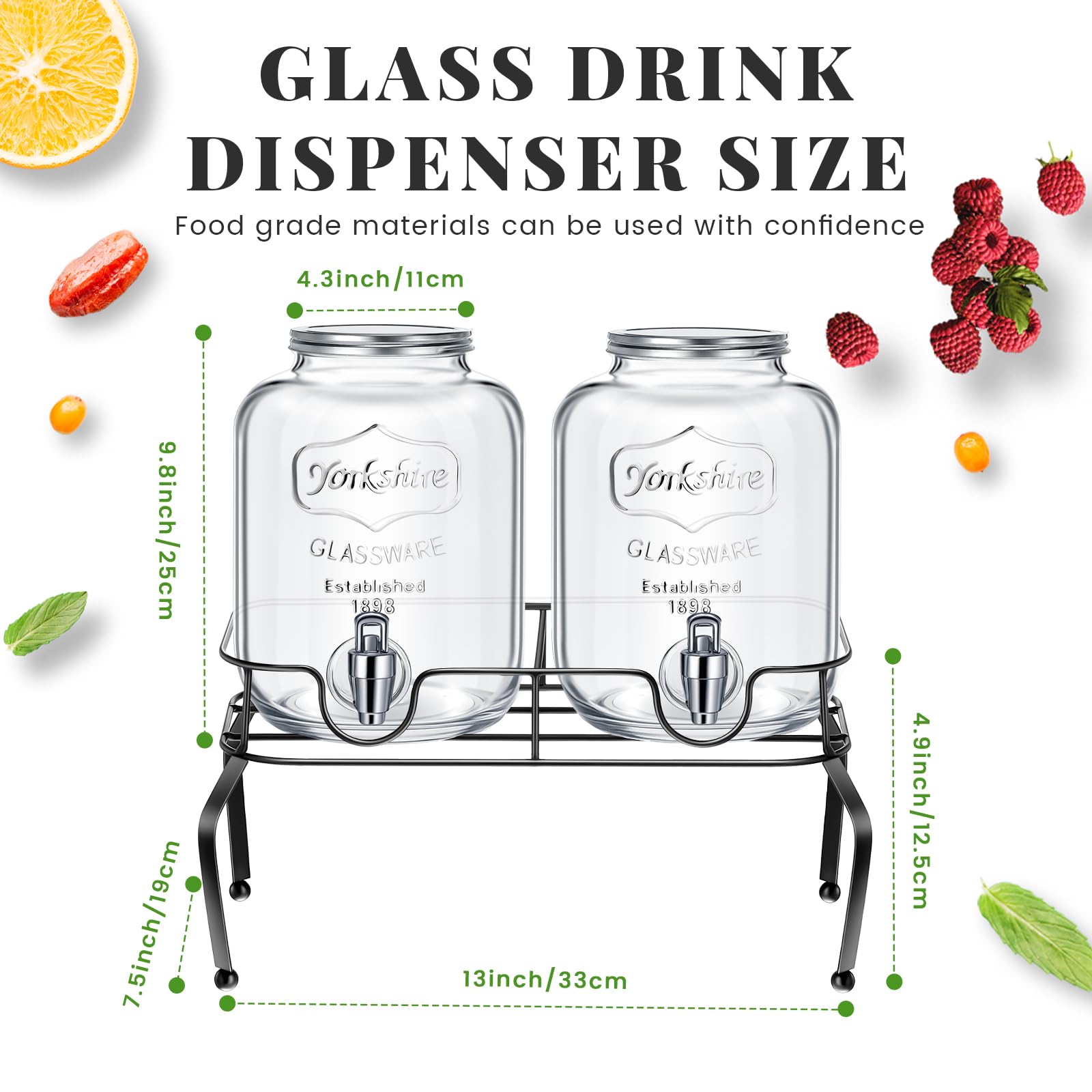 FillTouch Glass Drink Dispenser for Party Set of 2-1 Gallon, 2 Pcs Ice Chilled Condiment Caddy with Lid and Spoon Halloween Drink Dispenser with Stand and Spigot for Summer Wedding Party Bar Supplies