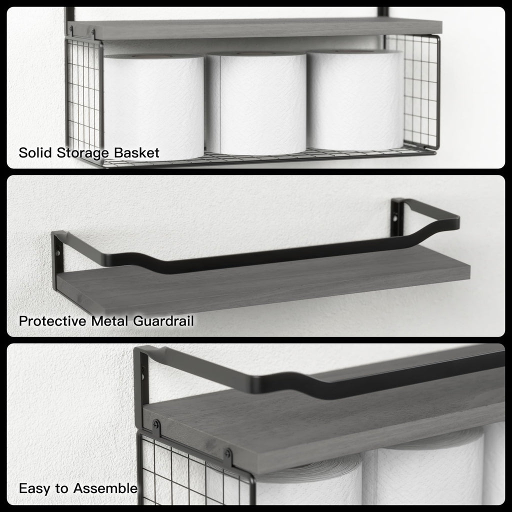 WOPITUES Floating Shelves with Wire Storage Basket, Bathroom Shelves Over Toilet with Protective Metal Guardrail, Wood Wall Shelves for Bathroom Organizers and Storage, Toilet Paper- Gray