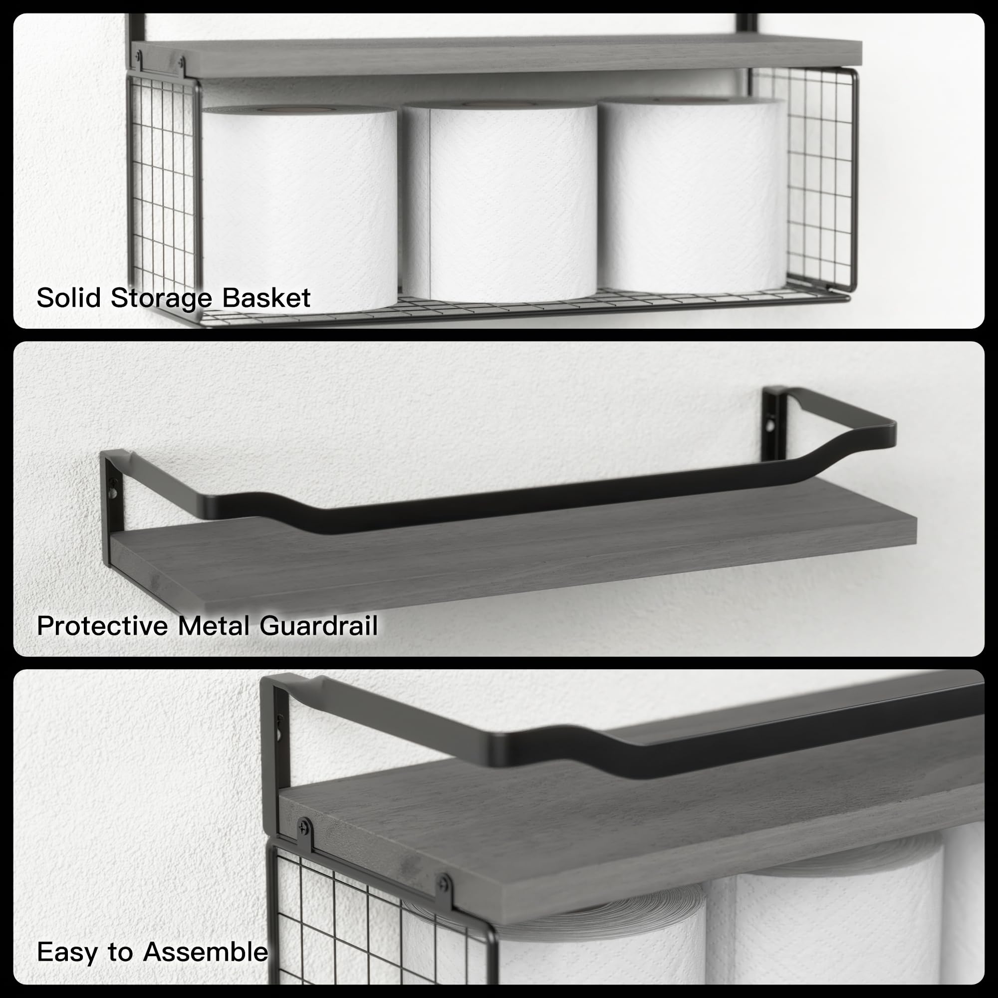WOPITUES Floating Shelves with Wire Storage Basket, Bathroom Shelves Over Toilet with Protective Metal Guardrail, Wood Wall Shelves for Bathroom Organizers and Storage, Toilet Paper- Gray