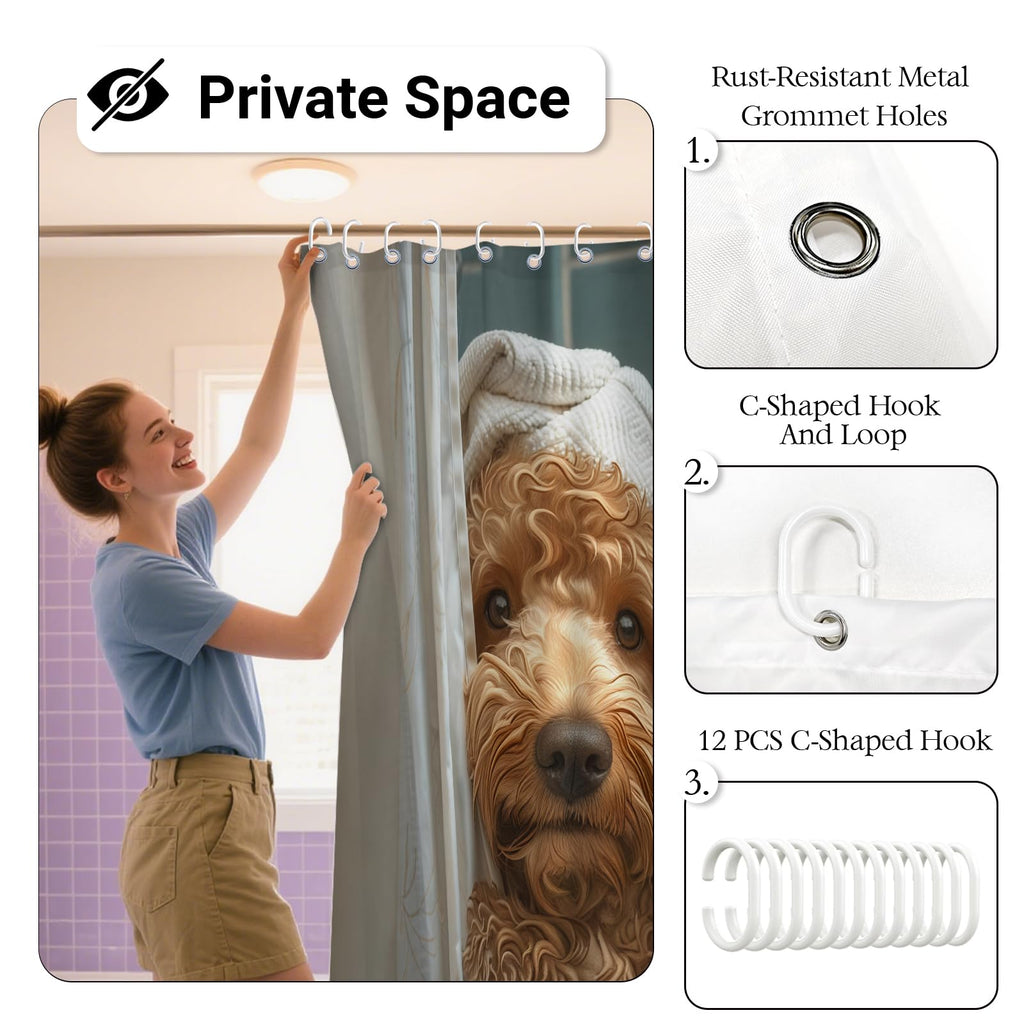 XMWYTJ Cute Teddy Dog Shower Curtains Funny Dog Barn Door Decor Polyester Fabric Waterproof Bathroom Curtains Set with 12 Hooks,71 X 71 Inches