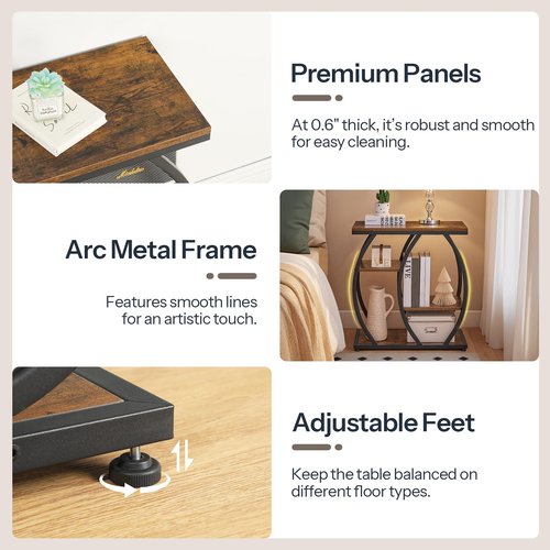 HOOBRO Industrial End Table, 4 Tier End Table with Storage Shelves, Small Side Table with Geometric Metal Frame, Night Stand for Living Room, Bedroom, Office, Rustic Brown and Black BF164BZ01