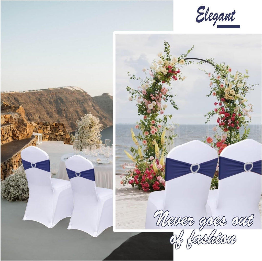 Skiennix Navy Blue Chair Sashes - 30 Pack Universal Elastic Bows with Heart Buckle for Weddings & Events