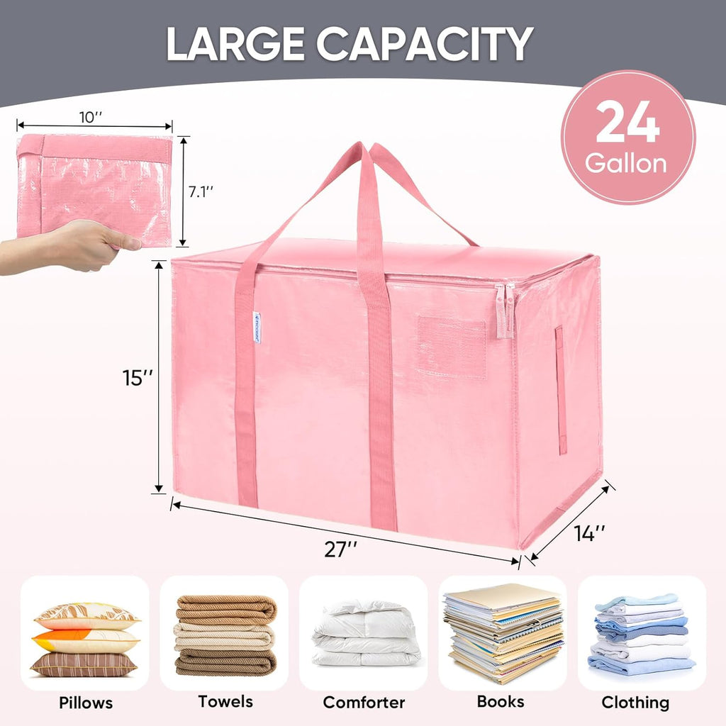 TICONN Extra Large Heavy-Duty Moving Bags - Durable Storage with Zippers & Handles | 8 Pack, Coral