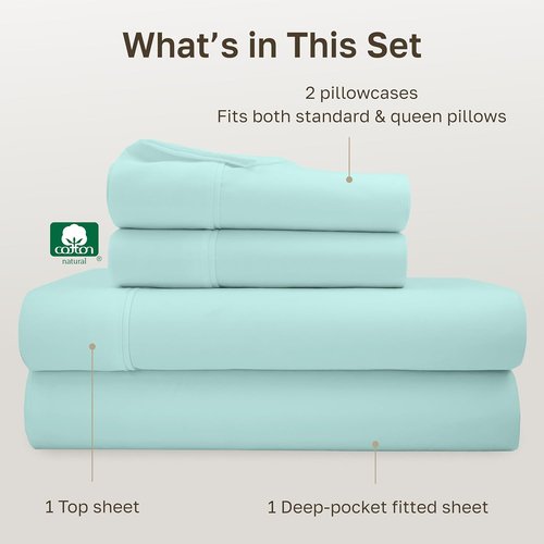 California Design Den Queen Size Bed Sheets Set - 100% Cotton, 400 Thread Count, Smooth Sateen Finish, Deep Pockets - Seafoam