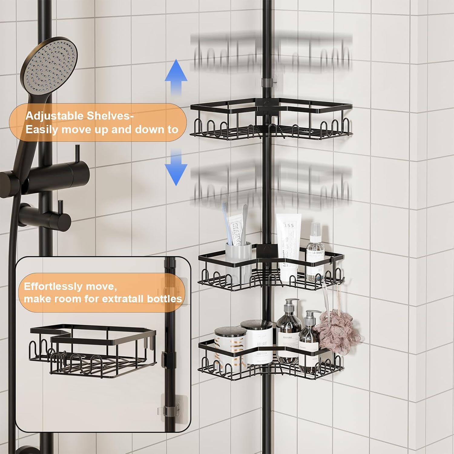 Corner Shower Caddy - 4-Tier Adjustable Tension Pole Organizer for Bathroom | Space-Saving Black Shelves (34in-120in)