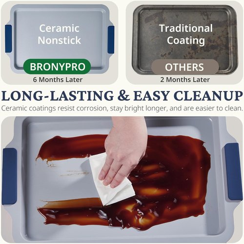 BRONYPRO Nonstick Ceramic Bakeware Set - 9 Piece Heavy Duty Aluminized Steel Baking Pans | Silicone Handles, PTFE & PFOA Free - Blue