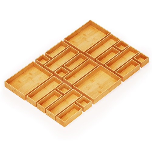 SpaceAid 21-Piece Bamboo Drawer Organizer Storage Boxes Set, Wood Tray Junk Drawer Organizers Multi-Use Divider Bins for Kitchen, Bathroom, Office Desk and Makeup Organization (21 Pack, Natural)