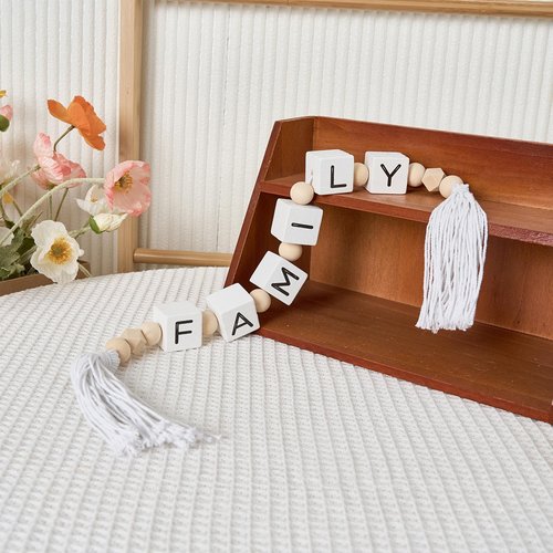 Family Letter Block Wood Bead Garland with Tassels, Farmhouse Decorative Beads, Modern Wooden Beads Garland for Tabletop, Tiered Tray, Mantel, Family Decor
