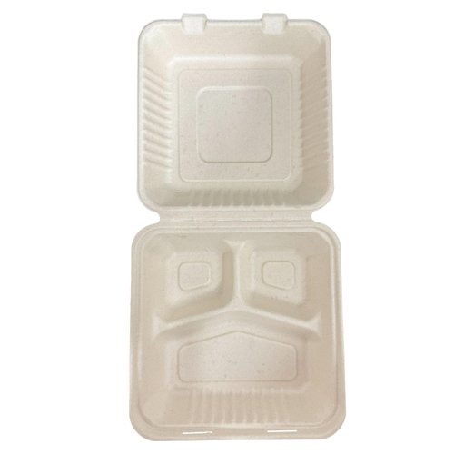 DHG PROFESSIONAL 9 x 9 inch Bagasse 3-Compartment Disposable Hinged Containers 200 Pack Sugarcane Biodegradable Take out Bento Box (Natural)