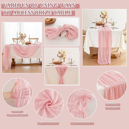 Cheesecloth Table Runner - 10 Ft Boho Rustic Sheer Gauze for Centerpiece Decor | Dusty Pink