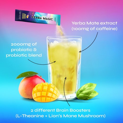 Yerba Magic Yerba Mate Powder Packets - Instant Clean Energy & Focus Drink Mix for Gut Health - Nootropic Blend with Lion’s Mane, L-Theanine, Prebiotics & Probiotics - Low Sugar Natural Caffeine - Peach Mango, 20 Sticks