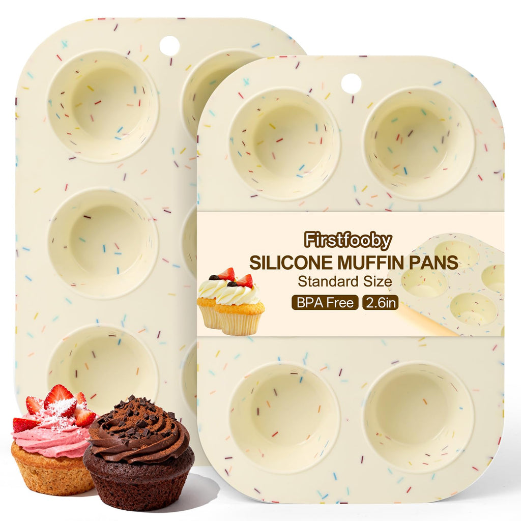 Firstfooby 2 Pack Silicone Muffin Pan for Baking, Regular Size Nonstick Cupcake Pan, 6-Cup Silicone Muffin Tin BPA Free Dishwasher Safe, Great for Muffin Cupcake Brownie Egg Tart