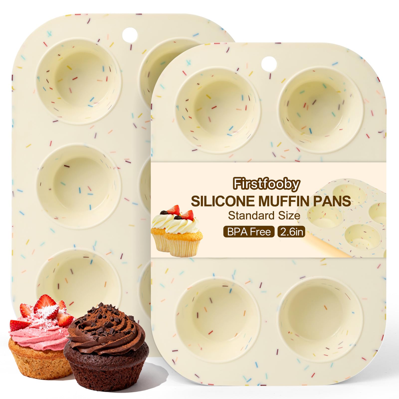Firstfooby 2 Pack Silicone Muffin Pan for Baking, Regular Size Nonstick Cupcake Pan, 6-Cup Silicone Muffin Tin BPA Free Dishwasher Safe, Great for Muffin Cupcake Brownie Egg Tart