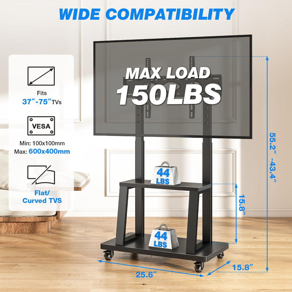 Rfiver Mobile TV Cart Rolling TV Stand for 37-75 inch TVs Up to 150lbs, Heavy-Duty Portable TV Stand on Wheels with 2-Tier Wooden Storage Shelves, Height Adjustable, Max VESA 600x400mm, Black
