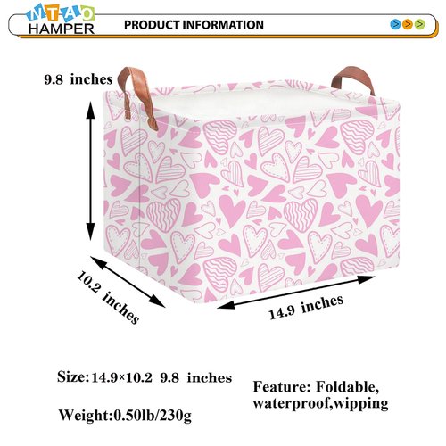 NTAOHAMPER Rectangular Pink Basket Empty, Fabric Storage Basket with Handles, Books Box,Lovely Storage Bin,Room Decor,Gift Basket for Girls(Pink Heart)
