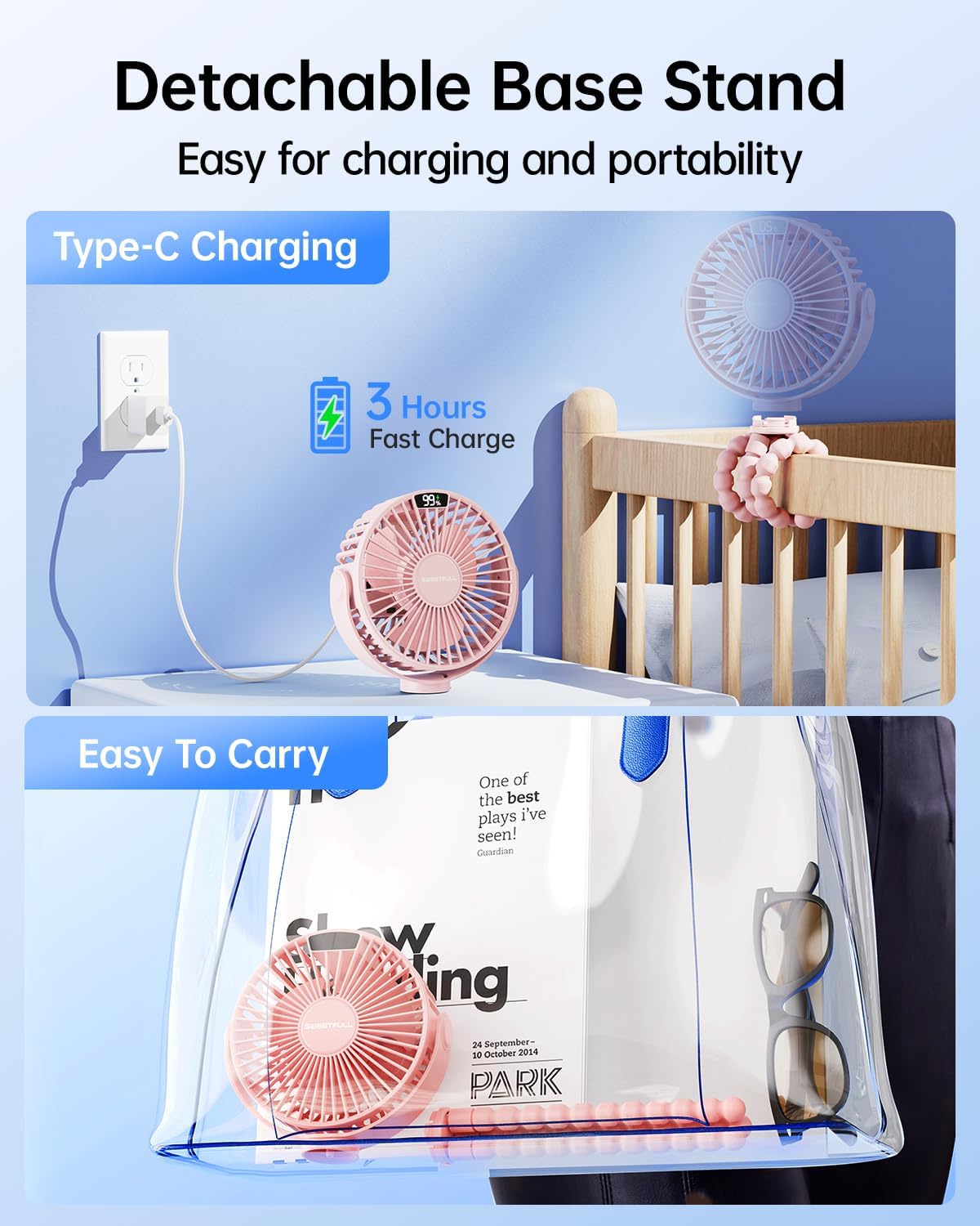 Sweetfull Portable Stroller Fan - 4-Speed Rechargeable Mini Clip-On Fan with LED Display | 360° Rotation (Pink)