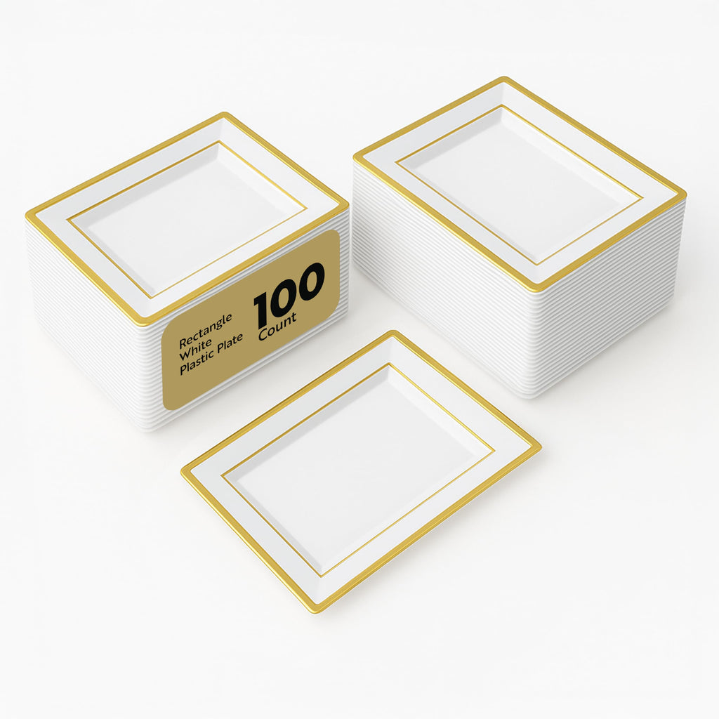 Restaurantware Moderna 9.5 x 6.3 Inch Premium Disposable Plates 100 Rectangular Plastic Plates For Parties - Gold-Rimmed Durable White Plastic Dinner Plates For Warm And Cold Foods