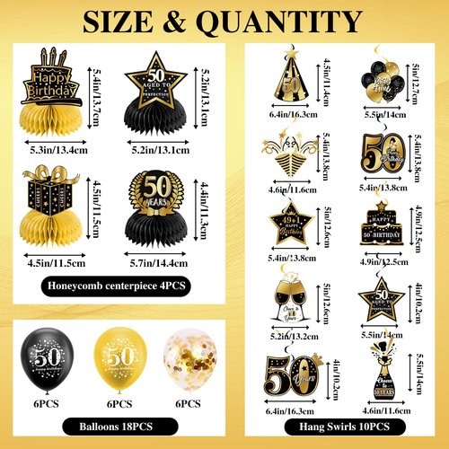 50th Birthday Decorations, Pre-Strung Happy Birthday Banner with Balloons, Backdrop, Honeycomb Centerpieces, Hanging Swirl Streamers, Black Gold Happy Birthday Party Decorations for Men Women