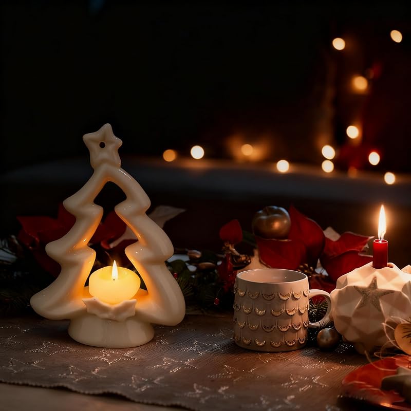 Ceramic Christmas Tree Candle Holders, 2-Pack White Table Decor