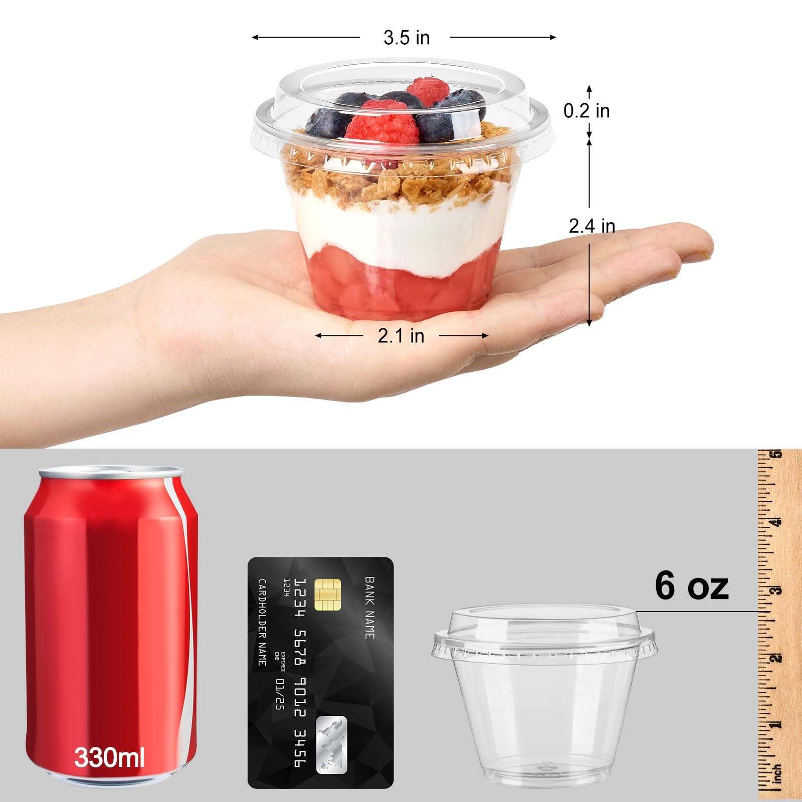 Jycnolm 50 Pack 6 oz Plastic Dessert Cups with Lids, Small Plastic Yogurt Parfait Cups, Mini Round Party Serving Cup for Pudding, Fruit, Cake, Appetizer, Dessert Shot Glasses