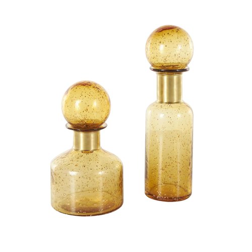 Deco 79 Glass Living Room Decorative Jars Speckled Ombre Decorative Container with Round Orb Tops, Set of 2 Jar with Lid 14", 10"H, Yellow