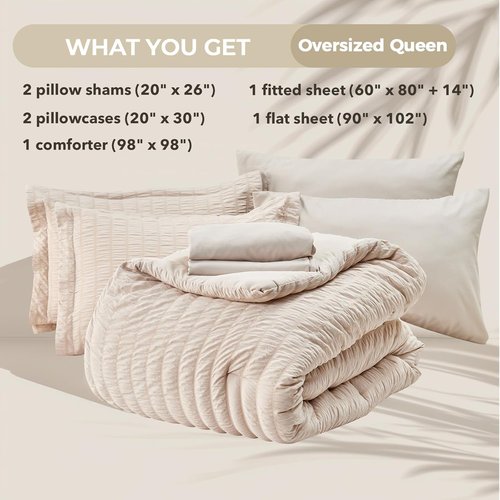 HYMOKEGE Queen Comforter Set - Beige Oversized 7-Piece Seersucker Luxury Bedding | All-Season Comforter, Sheets & Pillowcases