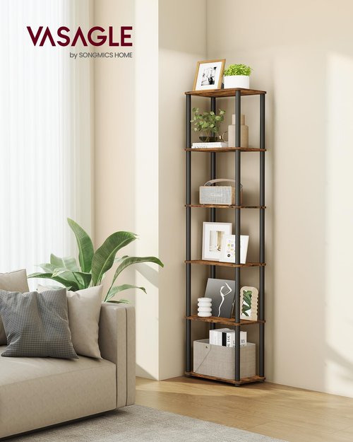 VASAGLE Superfast Toolless Assembly, 6-Tier Shelf for Living Room, Standing Shelf, Bookshelf, Bedroom, Kitchen, 9.4 x 15 x 68.3 Inches, Rustic Brown and Ink Black ULLS136K01