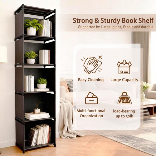 Gmrithaf 6 Tier Book Shelf, Storage Shelves with Non-Woven & Metal Frame, Stable Kids Bookshelf, Bookcase Cube Storage Organizer for Kids Rooms, Living Room, Office, Bedroom, (Black, 6 Tier - 5 Cubes)