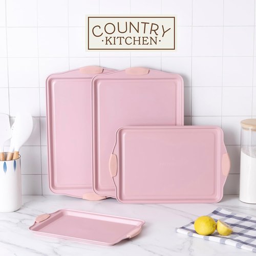 Country Kitchen Nonstick Bakeware Set - Heavy Duty, Easy Release, Stackable, Pink | 4 Pieces