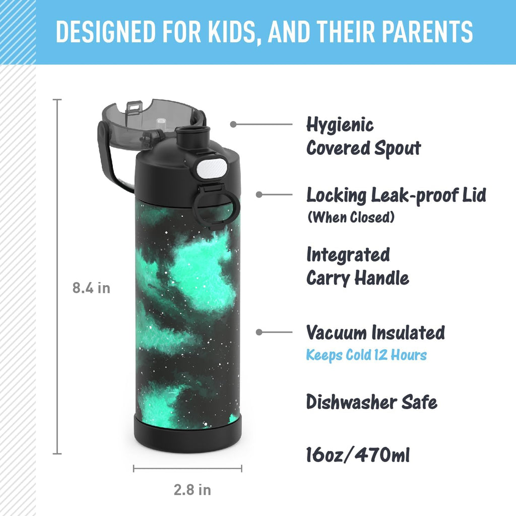 THERMOS FUNTAINER 16 Ounce Stainless Steel Vacuum Insulated Bottle - Galaxy Green, Wide Spout Lid