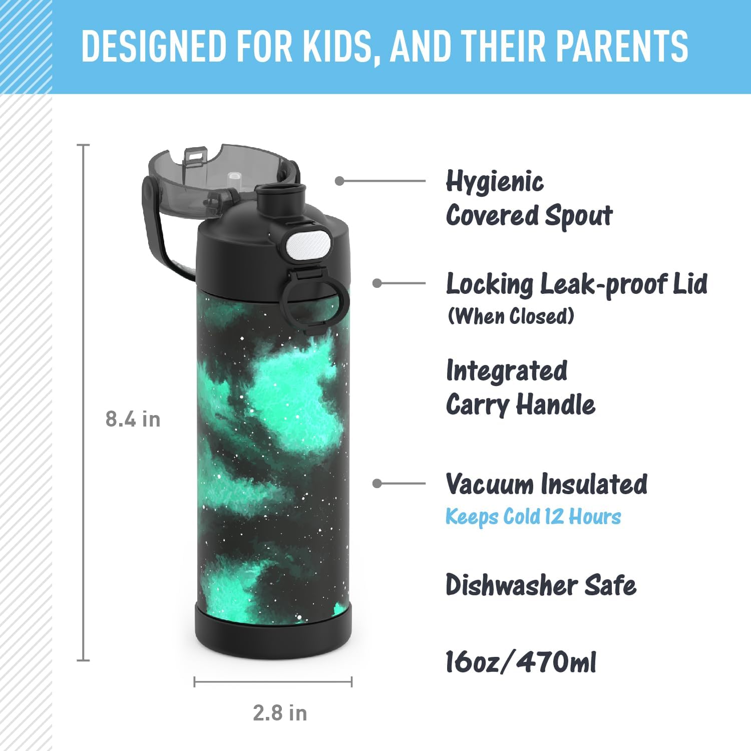 THERMOS FUNTAINER 16 Ounce Stainless Steel Vacuum Insulated Bottle - Galaxy Green, Wide Spout Lid