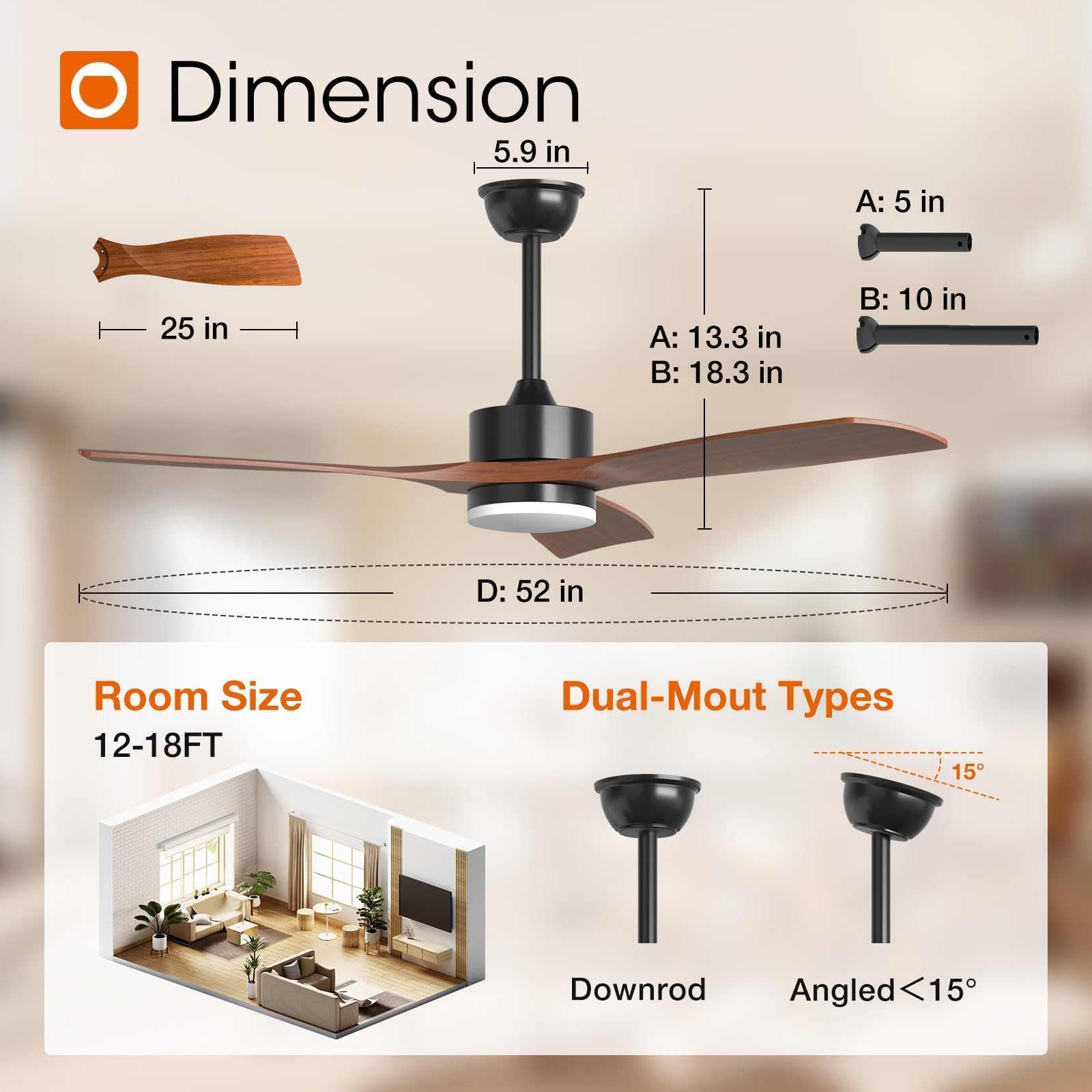 addlon 1 Pack 52 inch Ceiling Fan No Light and Remote Control, Reversible, 3 Wood Blades, 6 Speeds, Noiseless, Indoor/Outdoor Black Walnut Ceiling Fan for Bedroom Shop Patio Gazebo Farmhouse