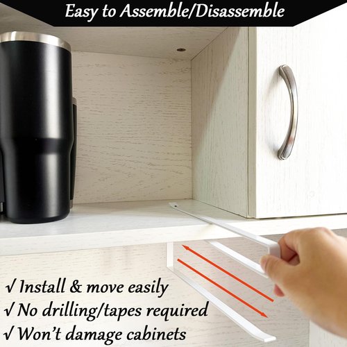 2 Pack Tumbler Lid Organizer for Yeti Tumbler & Stanley Water Bottles, Under Cabinet Cup Lid Holder, Space Saving Horizontal Storage Hook Up to 10 Mug Lids, Kitchen Paper Towel Rack Hanger, White