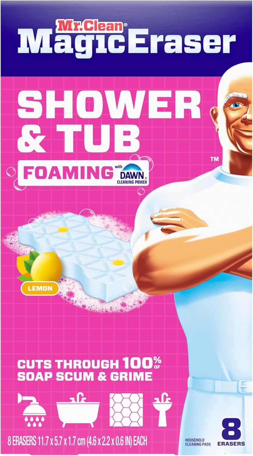 Mr. Clean Magic Eraser Sponge - Powerful Soap Scum Remover for Bathroom & Shower | 8 Count with Lemon Scent