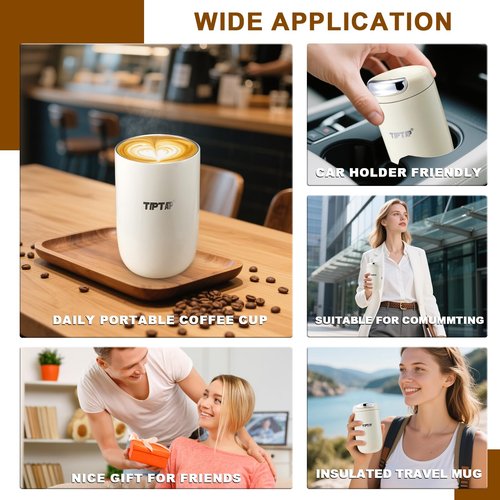 TIPTAP 12oz/350ml Stainless Steel Vacuum Insulated Tumbler, Coffee Travel Mug Spill Proof with Lid, Thermos Cup for Keep Hot/Ice Coffee, Chocolate, Tea and More (White)