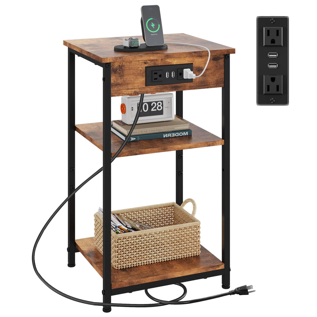 WLIVE End Table with Charging Station, Small Night Stand with 3 Storage Shelves, Side Tables for Small Spaces, Bedside Tables for Living Room, Bedroom, Rustic Brown