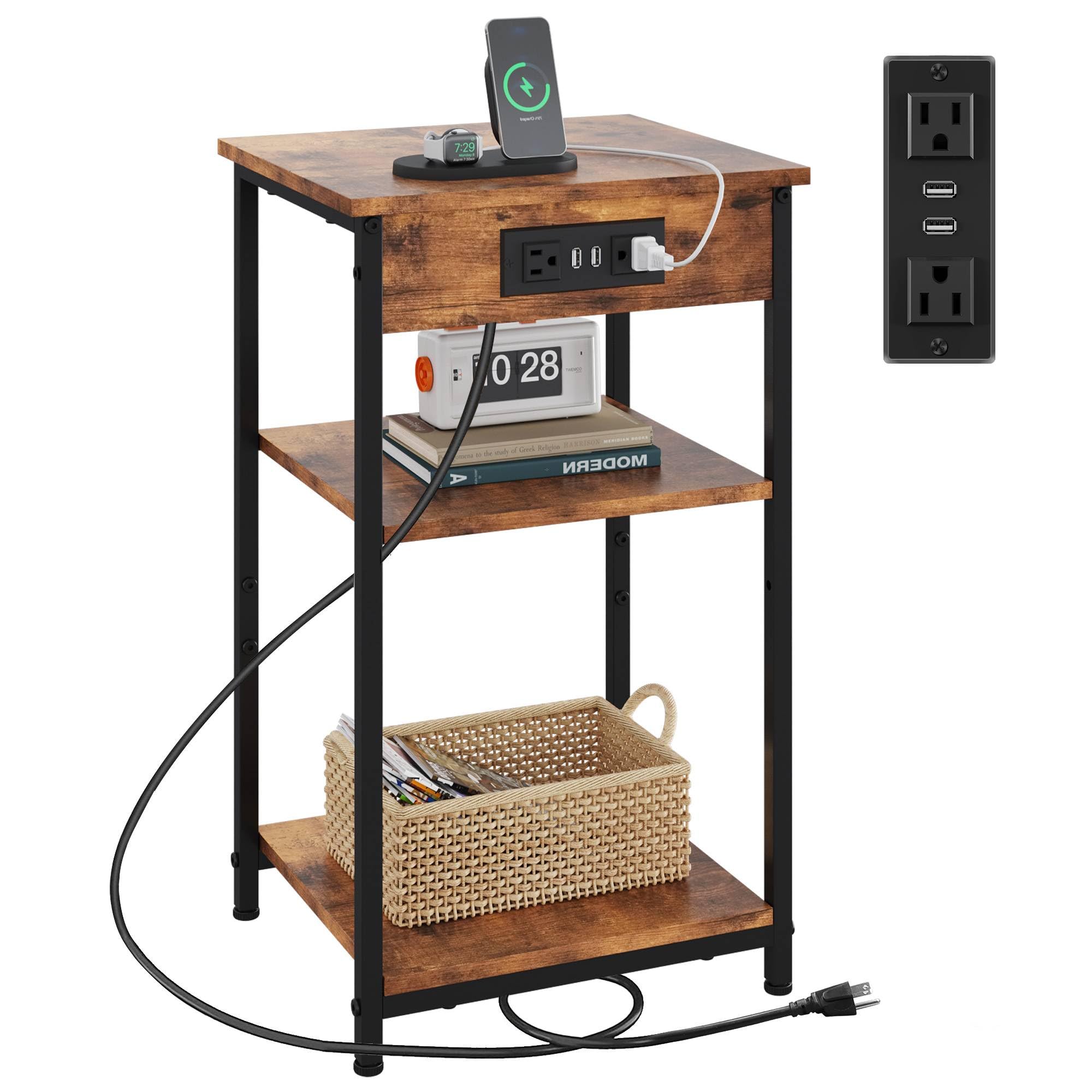 WLIVE End Table with Charging Station, Small Night Stand with 3 Storage Shelves, Side Tables for Small Spaces, Bedside Tables for Living Room, Bedroom, Rustic Brown
