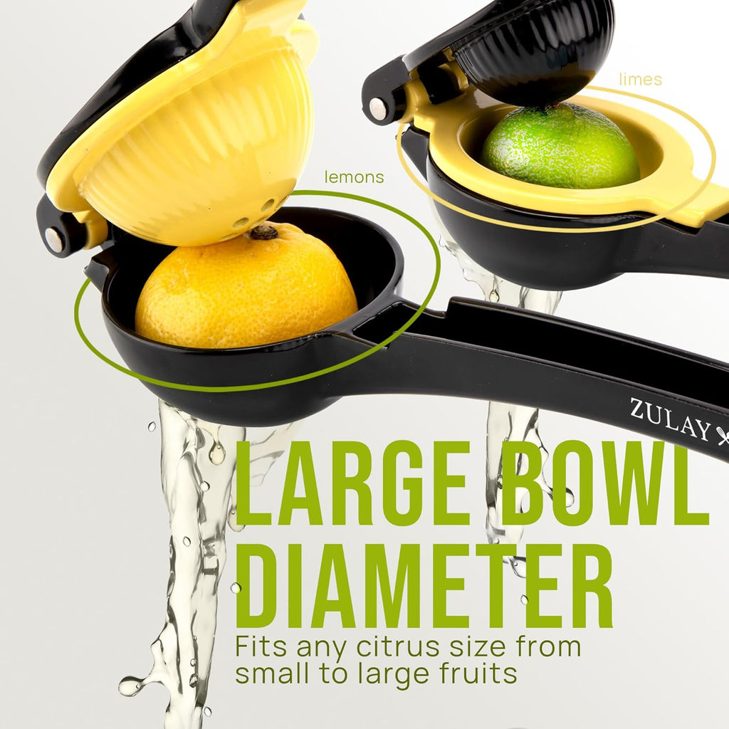 Zulay Kitchen Lemon Squeezer - Sturdy 2-in-1 Hand Juicer for Maximum Juice Extraction | Easy-Clean Black/Yellow