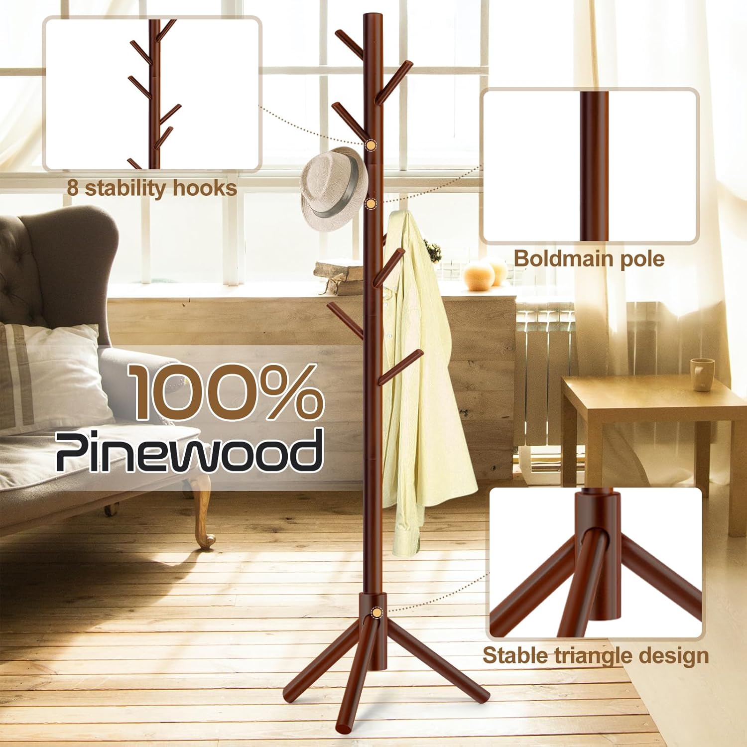 Skiennix Solid Wooden Coat Rack - Freestanding New Zealand Pine Coat Tree with 8 Hooks | Adjustable Sizes for Entryway, Office, or Bedroom (Brown)