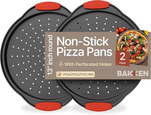 Bakken Pizza Baking Pan - Round Non-Stick Carbon Steel with Oversized Silicone Handle | 2 Pack