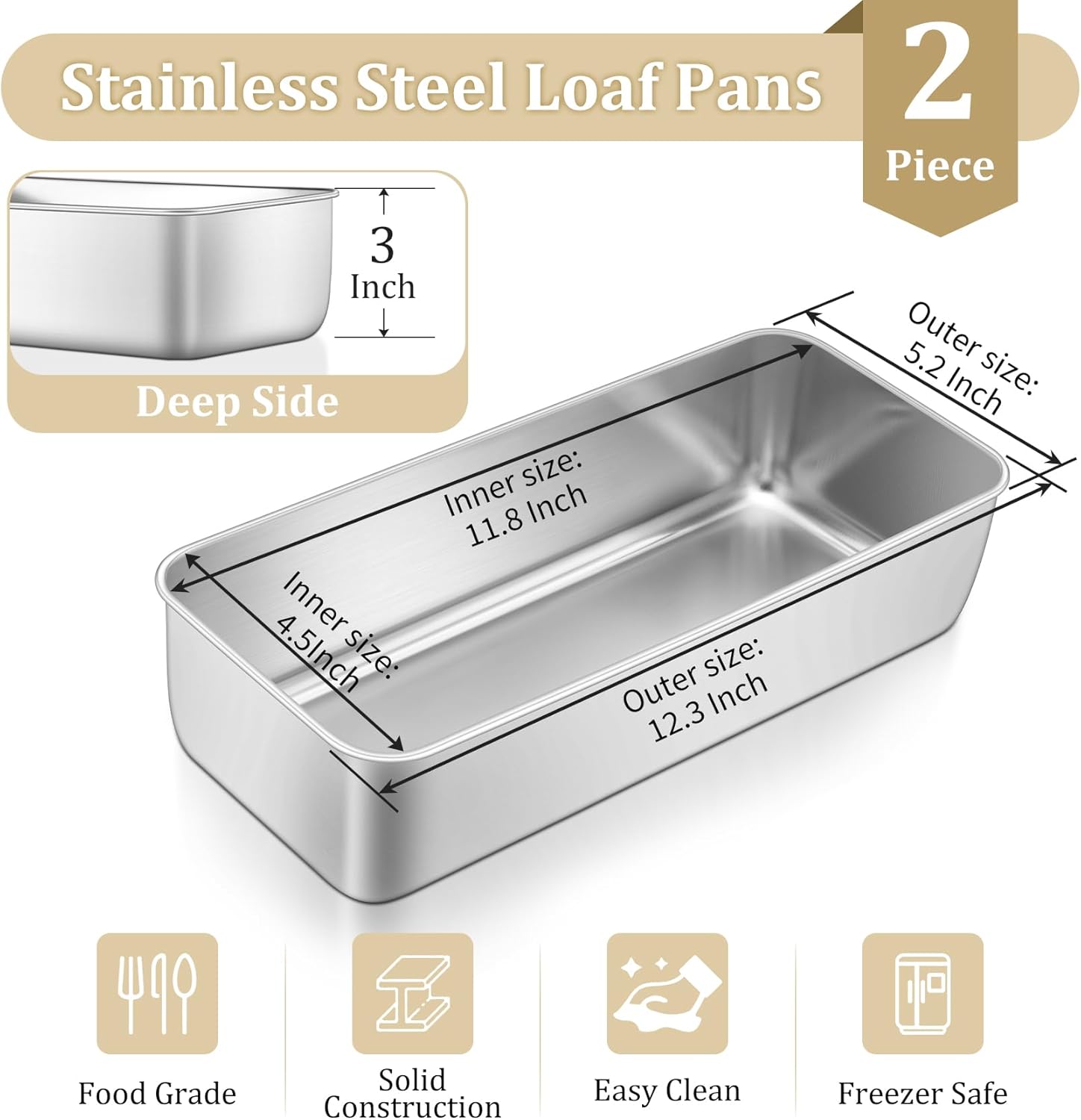 TeamFar Stainless Steel Loaf Pan Set - 12 x 5 Inch Baking Pans for Bread, Meatloaf & Cakes | 2 Pack, Non-Toxic & Dishwasher Safe