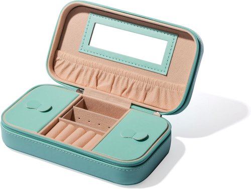 BINO Jewelry Case - Portable Compact Organizer with Mirror | Stylish Aqua Travel Box for Earrings, Rings & Necklaces