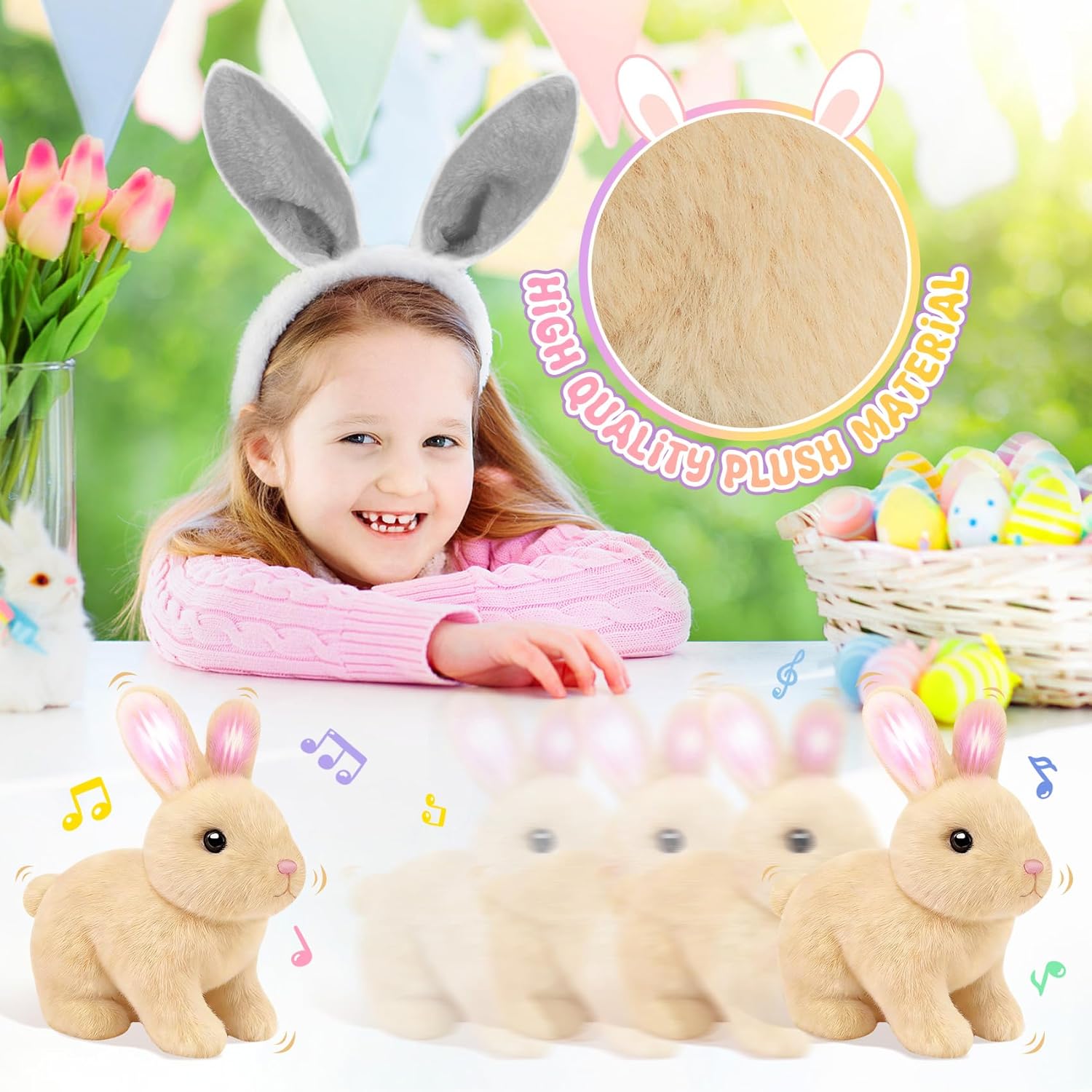 Skiennix Realistic Bunny Toy - Interactive Hopping Rabbit Set with Sounds & Headband | Brown