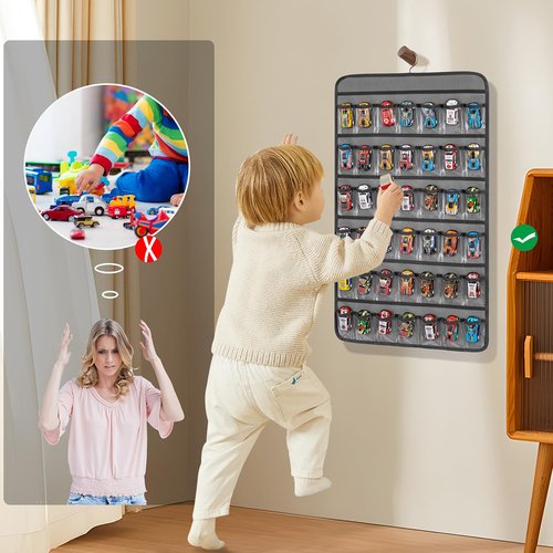 TEMUORG Toy Cars Wheels Storage Holder Matchbox Cars Organizer Dual Sided Hanging Toy Cars Display Case with 84 Clear Pockets (Dual Sides-Grey)