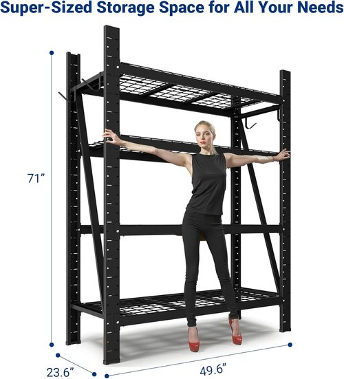FLEXIMOUNTS Heavy-Duty Garage Shelving Unit - 4-Tier Adjustable Storage, 10000LBS Capacity, 71"H x 49.6"W x 23.6"D