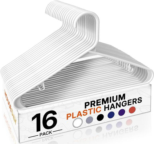 HOUSE DAY White Plastic Hangers - Space-Saving Non-Slip Coat Hangers | 16 Pack for Shirts, Coats, and Pants